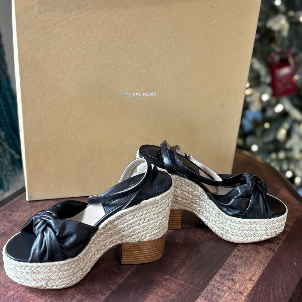 Michael Kors Knotted Leather Espadrille Wedge Sandals - Picture 4 of 13